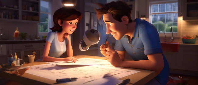 A couple looking at a blueprint for their home.