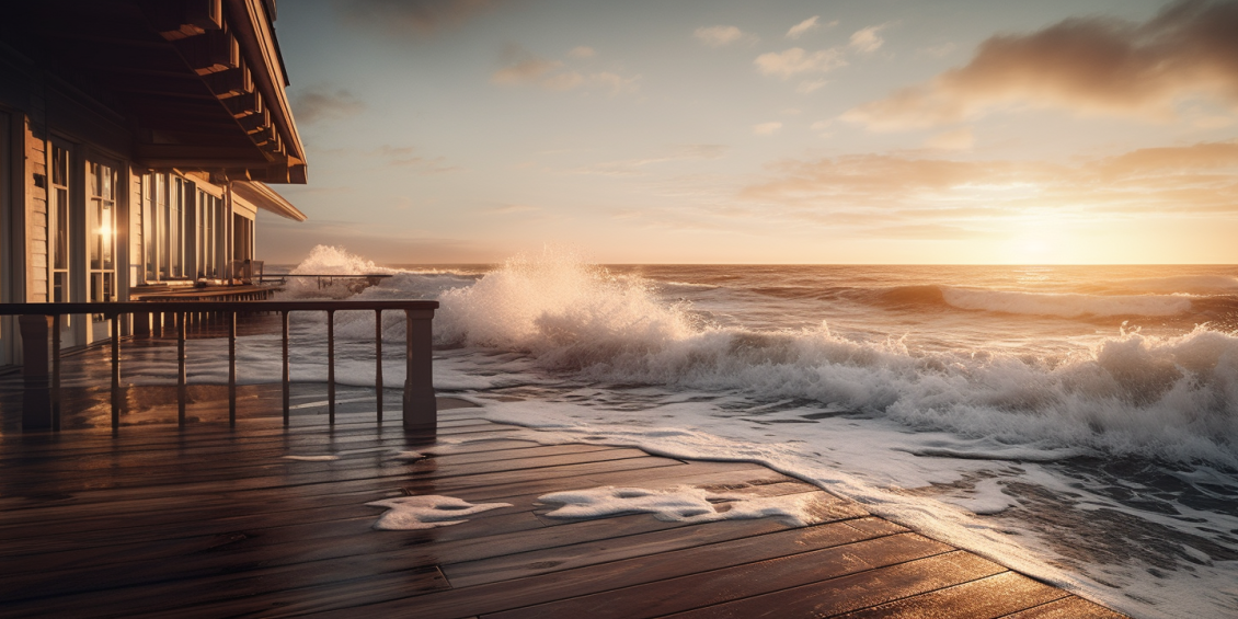 A deck getting splashed by the ocean