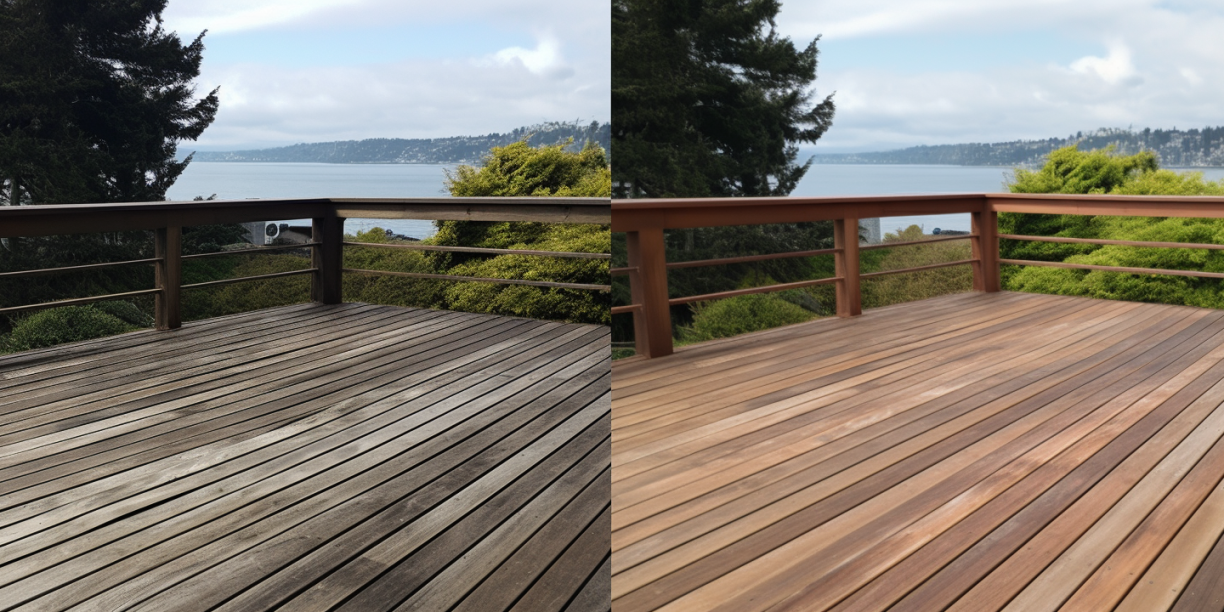 deck railing A before and after photo of a fixed deck