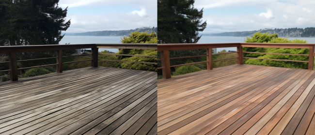 deck railing A before and after photo of a fixed deck