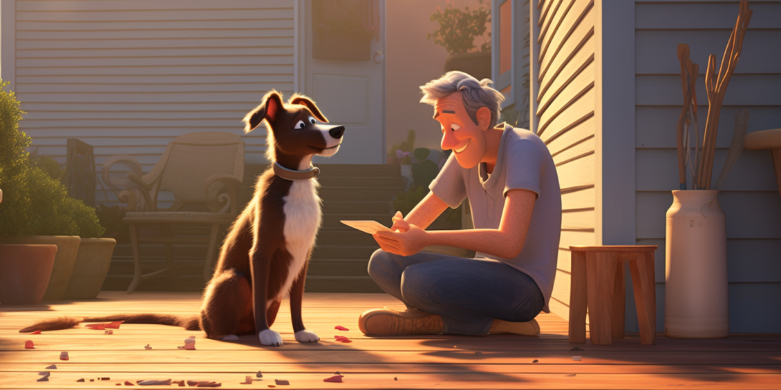 A man and his dog renovating a deck.