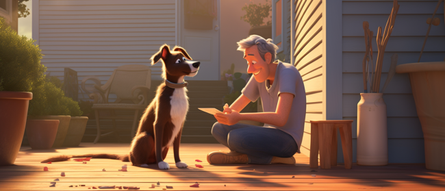 rogalltech_a_pixar_style_image_of_an_older_man_and_his_dog_remo_976dca59-65fd-451f-9874-459e7a379018 A man and his dog renovating a deck.