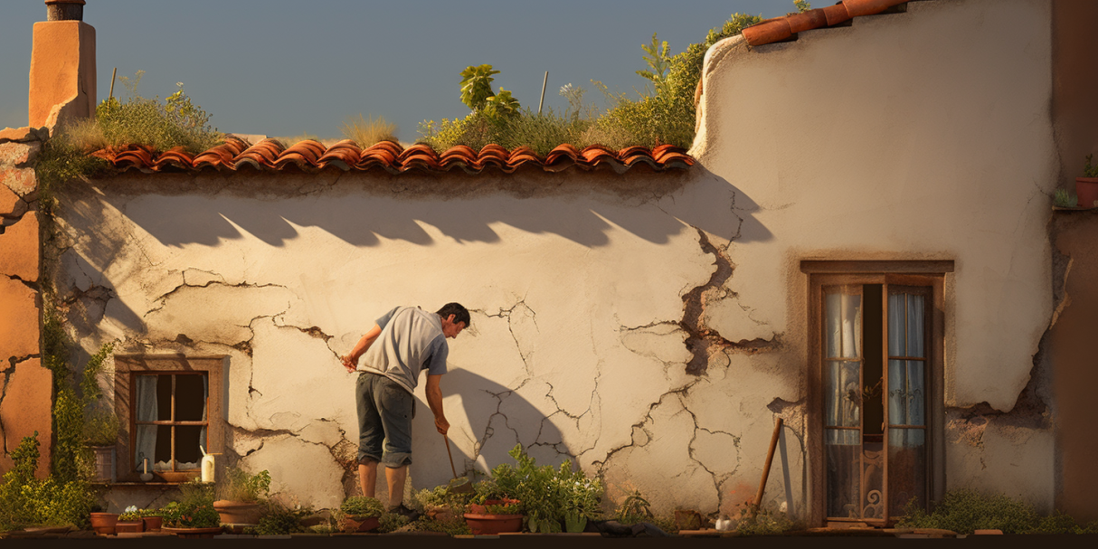A man peeling back his stucco wall
