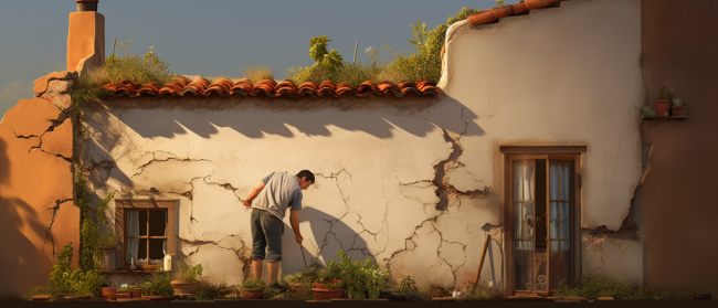 A man peeling back his stucco wall