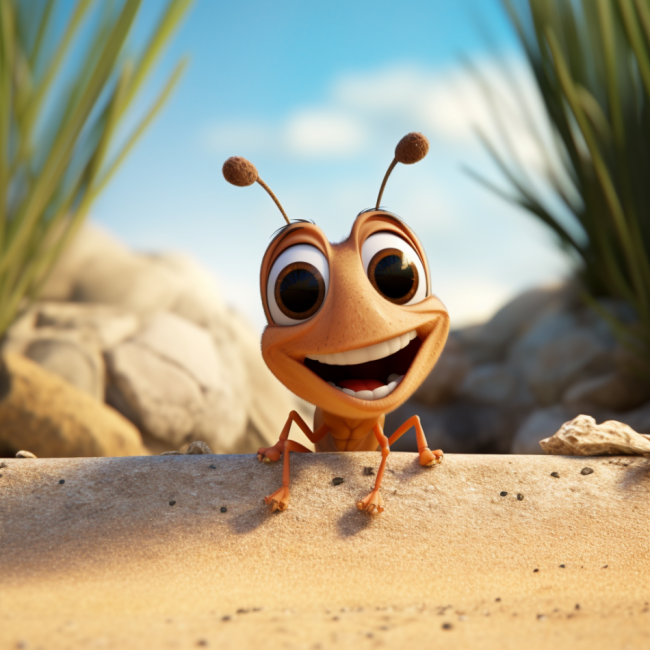 rogalltech_realistic_disney_pixar_cute_termite_playing_on_the_b_4b7ec27e-2e9c-46e2-ad2d-aa012cb730b4 termite by the ocean