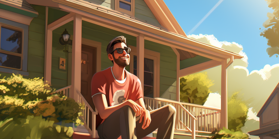 man sitting in front of a home in the sun