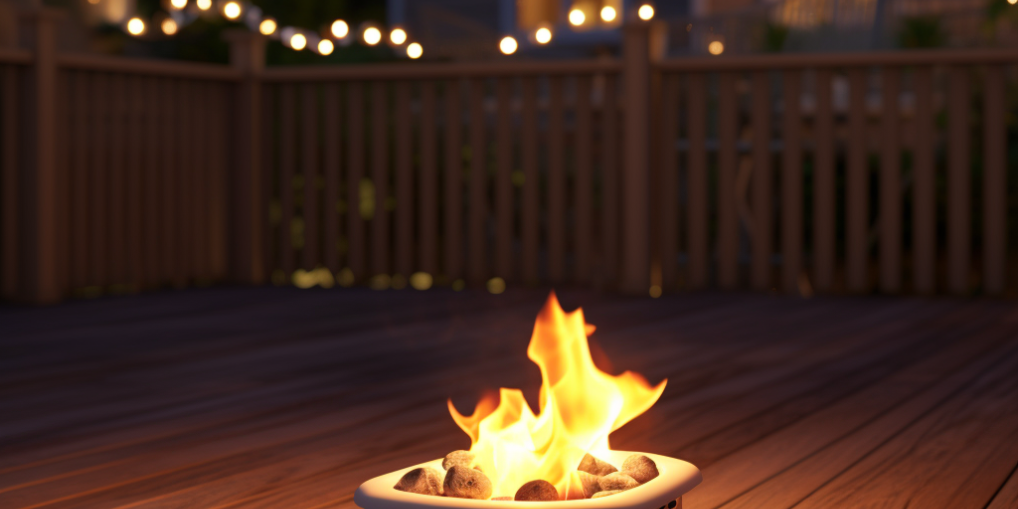 fire in a small basket on a deck
