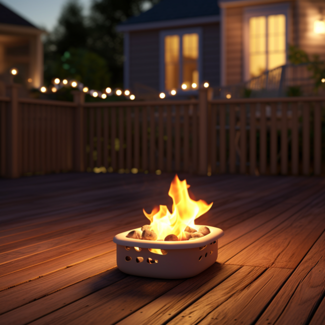 Fire in a fire in a small basket on a deck