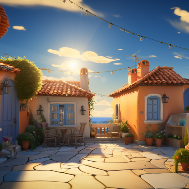 image stucco houses with the ocean in the background