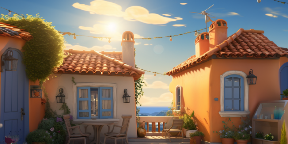 image stucco houses with the ocean in the background