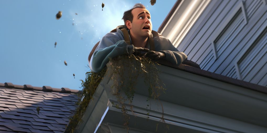 man cleaning his gutters on his roof