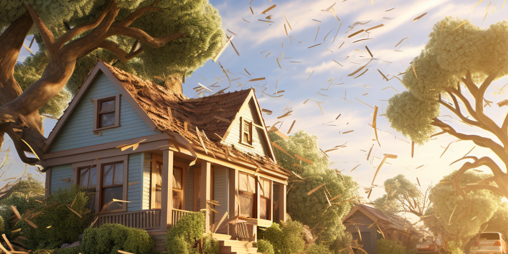 House with debris flying around it on a windy day