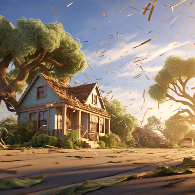 House with debris flying around it on a windy day