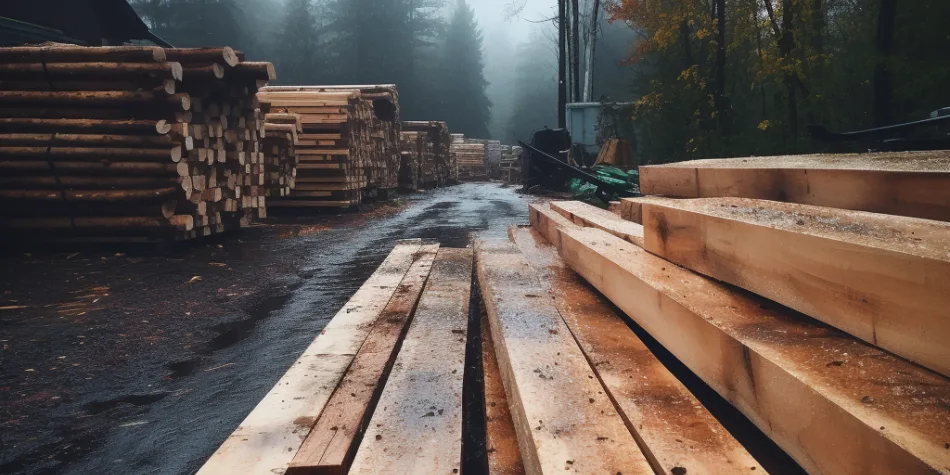 rogalltech_lumber_in_a_lumber_yard_on_a_rainy_day_cd4edae7-9c00-4392-8a70-8e7e934139da wood in a lumber yard