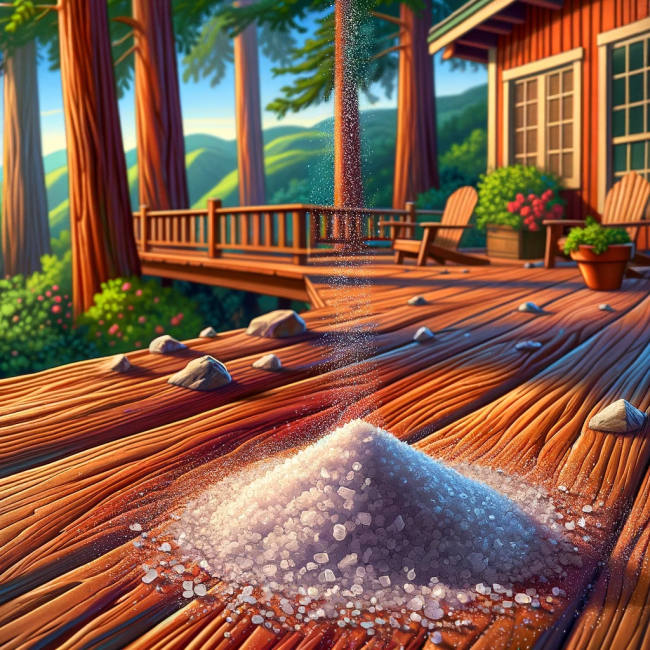 DALL·E 2024-01-24 12.42.41 – Create an ultra-realistic image of salt air particles on a redwood deck in Paso Robles. The image should capture the intricate details of salt air par
