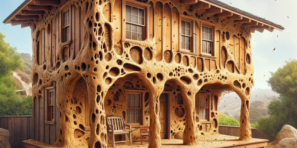 DALL·E 2024-03-20 11.49.13 – Create a hyper-realistic image depicting termite damage on a traditional home in Cayucos. The image should focus on the specific details of the termit