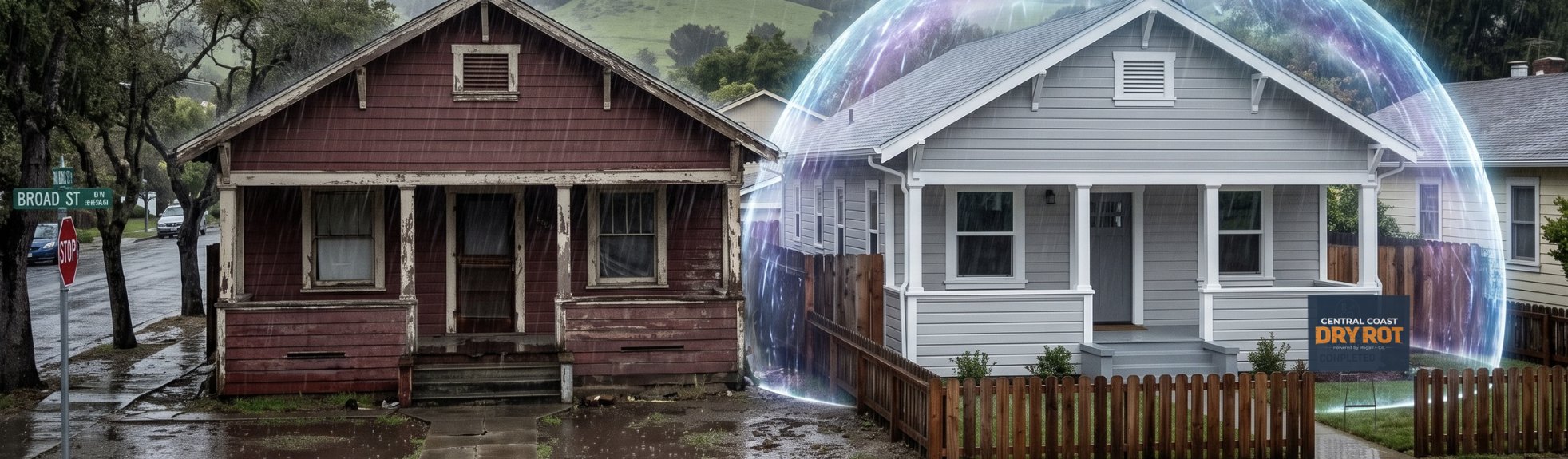 Two craftsman homes in the rain: one with peeling paint and rotted trim, the other freshly repaired and painted under a protective dome
